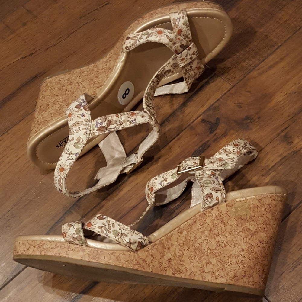Seychelles Floral Tan‎ Canva Cork Wedge Sandals